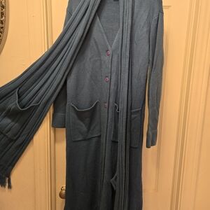 Long Teal Button Cardigan with Scarf